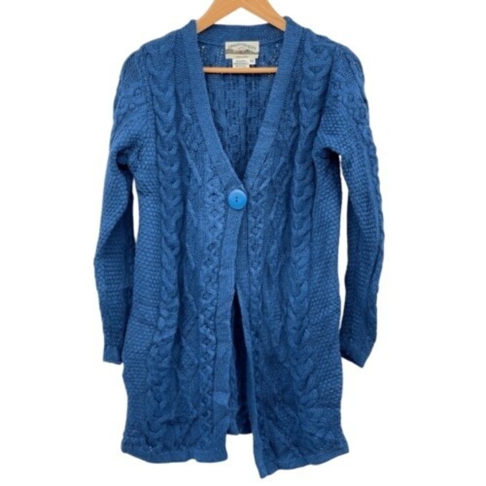 Aran Crafts Cardigan Sweater Irish Cable Knit Merino Wool Women Size Medium Blue